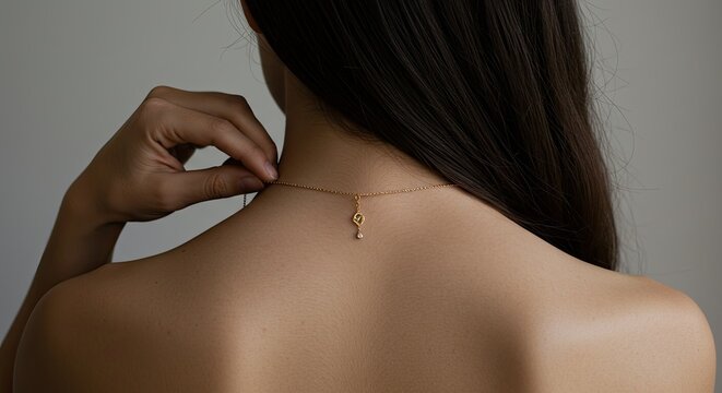 A woman adjusting necklace viewed from behind with focus on the neck and jewelry details against a plain background.