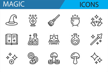 Magical and Fantasy Icons Representing Spells, Cauldrons, and Wands