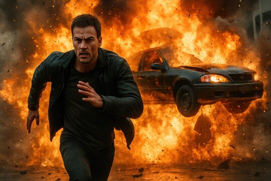 Action Shot with Man Running Away from Explosion on Car, Dynamic Scene