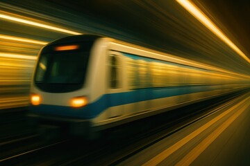 Fototapeta premium Moving Train with Blurry Lights, Ideal for Transportation Backgrounds