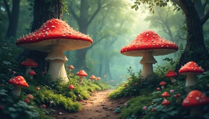 Enchanting illustration of wonderland scene. Forest path leads to giant red mushrooms. Whimsical fantasy landscape with fairytale theme. Dreamy artwork for book cover poster. Mystical nature beauty,