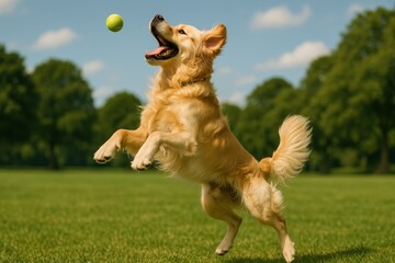 Golden Retriever Dog Jumping Happily in the Air Catching a Ball