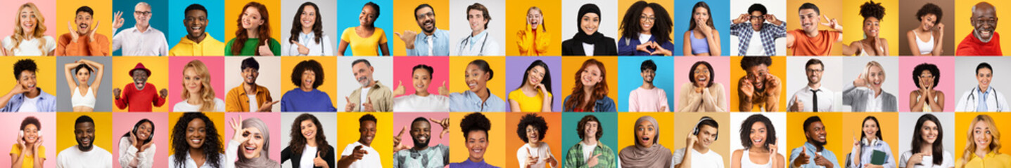 A lively collage showcases diverse individuals displaying joy and personality. Each person wears colorful attire, set against bright, contrasting backgrounds, celebrating multiracial unity.