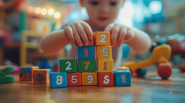 Young Child Engaged in Educational Playtime Stacking Colorful Number Blocks