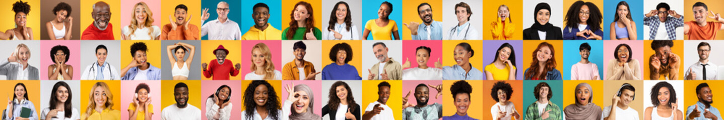 This collage features a joyful collection of portraits depicting diverse individuals from various backgrounds. Each person expresses happiness and connection against colorful backdrops.