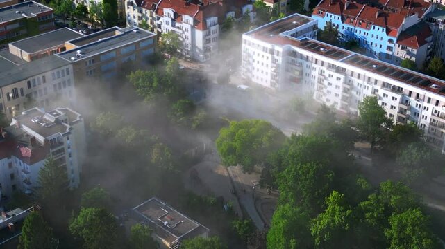 Rescue helicopter landing in Berlin urban park. Unique aerial view flight drone
