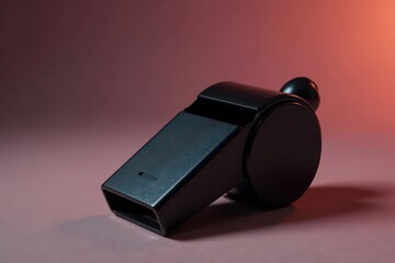 Classic black plastic whistle, simple design, smooth finish, blowing, alert, white background