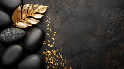 Dark stones and gold leaf on a textured surface.