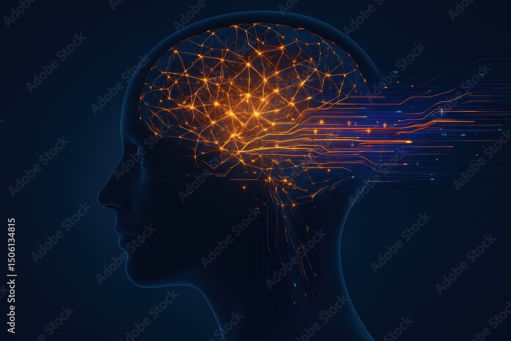 Poster profile view of a human head with illuminated brain, neural networks, and data streams