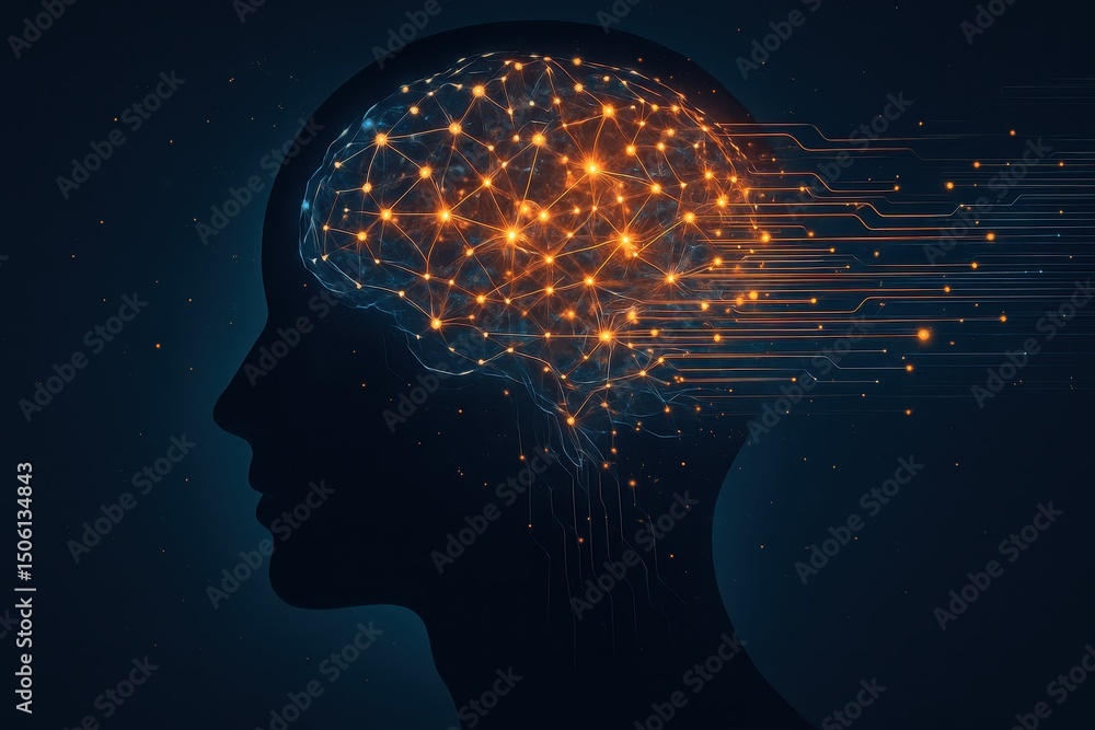 Aufkleber profile view of a human head with illuminated brain, neural networks, and data streams