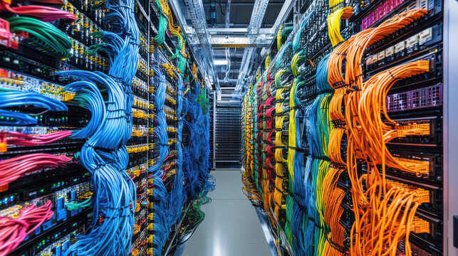 Data Center Infrastructure: A modern data center showcases a vibrant array of organized network cables and servers. conveying high-tech, Information Technology and digital processing