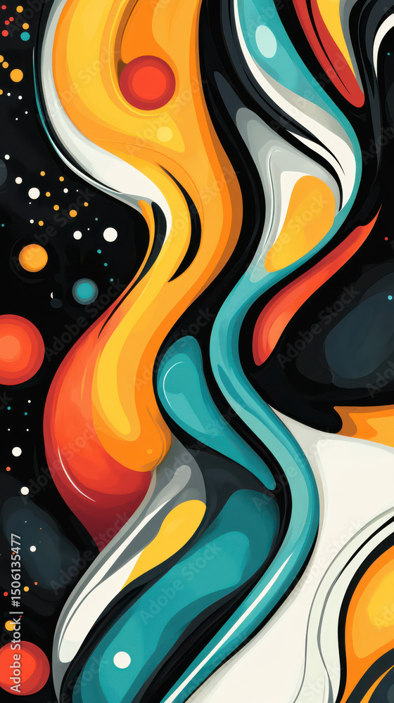 Poster vibrant abstract composition: a dynamic visual symphony of flowing lines and bold colors, evoking a 