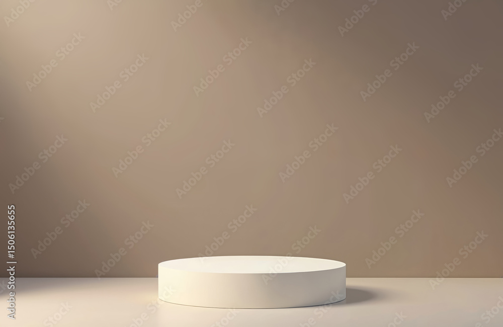 Poster minimalist podium for product display presentation. white round pedestal on beige pastel background 