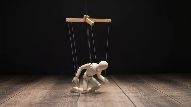 Wooden marionette kneeling, moving limply across dark wooden surface, strings controlling puppet's articulated poses in symbolic performance narrative