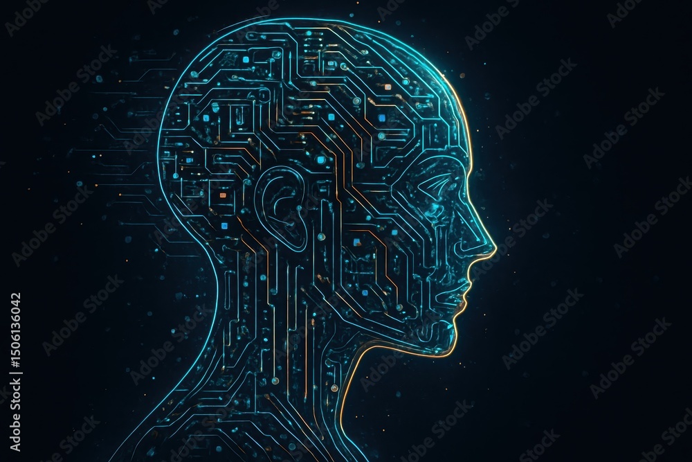 Aufkleber side profile of a futuristic artificial intelligence computer head with glowing lines