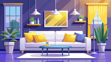 A modern living room showcasing stylish interior design features a sleek white sofa adorned with vibrant yellow cushions. Soft lighting and minimal decor enhance the room’s elegant and welcoming ambia