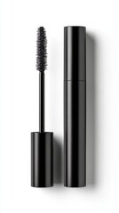 Obraz premium Black Mascara With a Brush Applicator is Displayed Against a Clean White Background