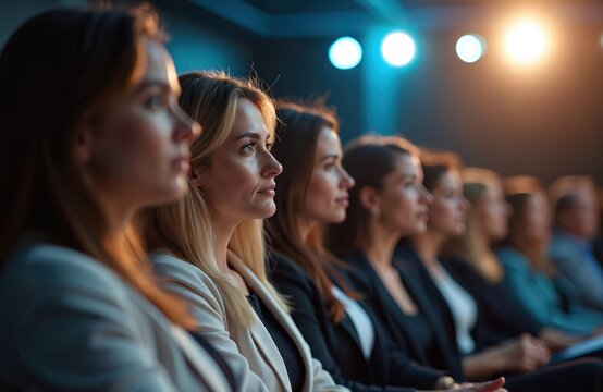 Group of businesswomen listen to lecture at conference or master class. Females in suits, blazers. Audience watches speaker attentively. Business, career, leadership, teamwork and success concept.