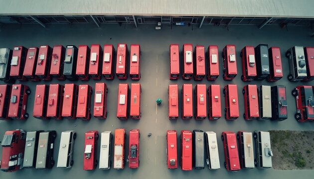 Aerial drone shot of red buses parked in depot. Top-down view reveals ordered arrangement. Public transport vehicles at bus station, transportation hub. City infrastructure concept, travel, commute.