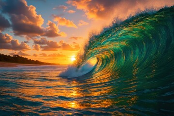 Vibrant Colorful Ocean Wave with Sunset Light and Beautiful Clouds on a Beach