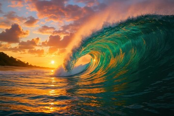 Vibrant Colorful Ocean Wave with Sunset Light and Beautiful Clouds on a Beach