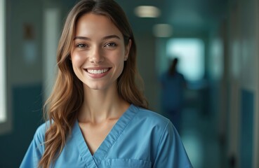 Obraz premium Portrait of smiling female nurse in hospital corridor. Young woman in blue medical uniform, looking at camera. Pro healthcare worker smiles in clinic, represents care. Healthcare professional.