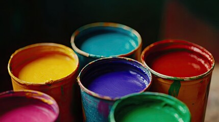 Colorful paint cans in various hues.
