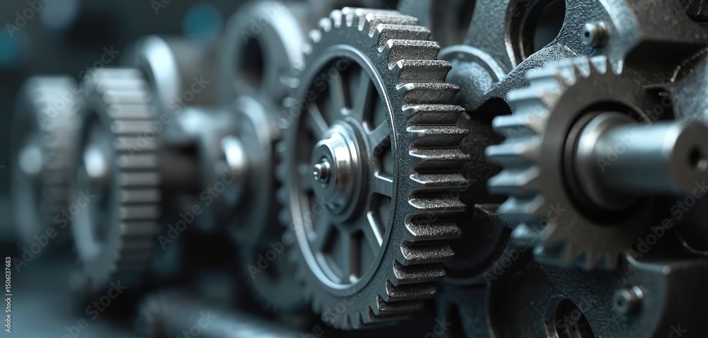 Poster close-up silver engine gears with mechanical components. metal cog wheels rotate, showing precision.