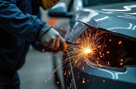 Auto body repair service performs welding restoration. Sparks flying during vehicle bodywork at garage. Car repair workshop with mechanic uses welding machine for damage fix.