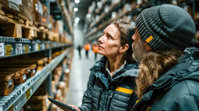 Warehouse manager and client discussing inventory logistics in an aisle full of packaged goods