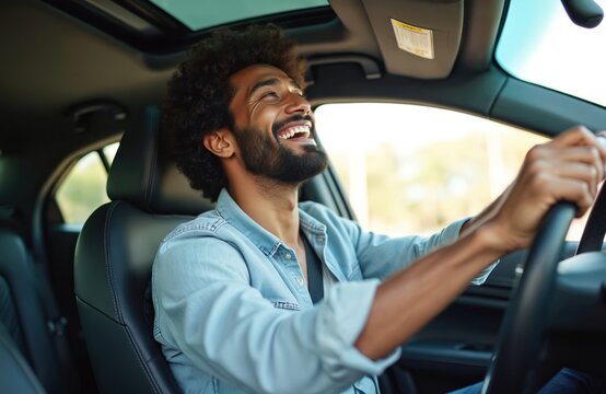 Happy Indian man driving car, singing favorite song, smiling with joy. Young driver traveling on road trip, enjoying music, summer leisure. Positive emotions, freedom, adventure.