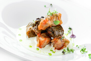 Dolma, cabbage rolls, grape leaves with filling with sour cream in plate isolated on white background. Traditional dishes, top view, close up