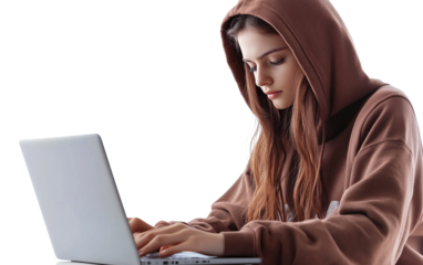 Young girl demonstrating computer skills with concentrated expression on her laptop Isolated on Transparent Background PNG