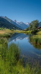 Fototapeta premium Vibrant Landscape With Clear Water Reflecting Mountains in a Serene Valley During Sunny Weather