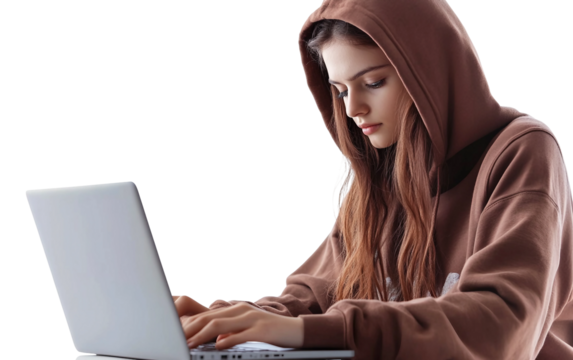 Young girl demonstrating computer skills with concentrated expression on her laptop Isolated on Transparent Background PNG