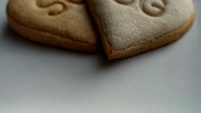 Close-up of two heart shaped cookies with initials, one iced with white frosting for a sweet gift