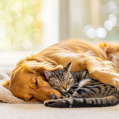 AI Generated image of Golden retriever and tabby cat sleeping together in a cozy indoor setting