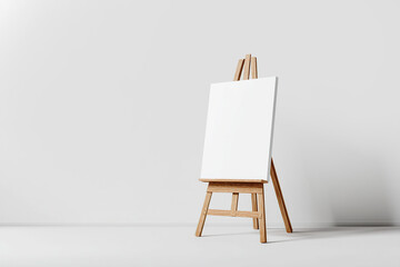Blank canvas on wooden easel against a white wall, ready for artistic creation.