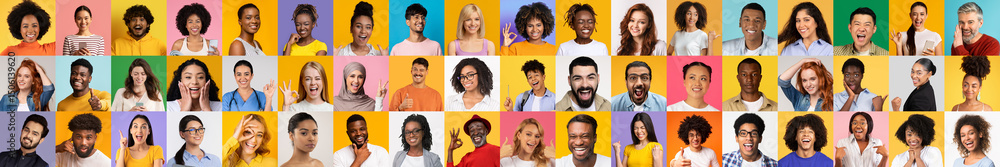 Poster This collection showcases a variety of individuals from different backgrounds, each displaying joy and enthusiasm against colorful backdrops. The diverse expressions highlight unity in diversity.