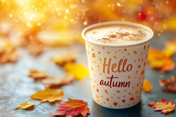 Paper cup with Hello Autumn text and falling leaves on sunny background, cozy seasonal drink concept with copy space.