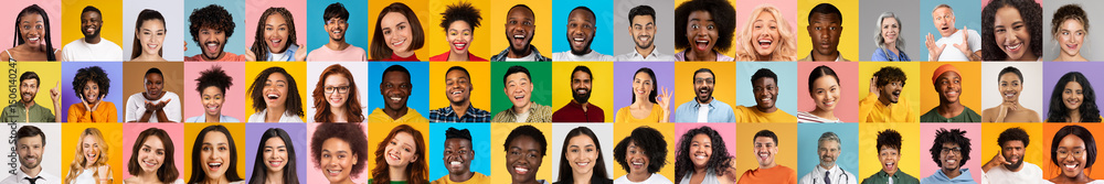 Poster a vibrant collage features a diverse group of individuals displaying joyful expressions. each portra