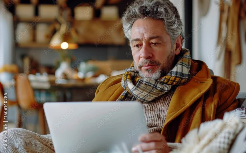 Poster a man is sitting on a couch with a laptop in front of him. he is smiling and he is enjoying himself