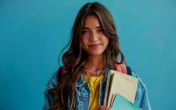 A girl is smiling and holding a backpack and books. She is wearing a yellow shirt and blue jacket