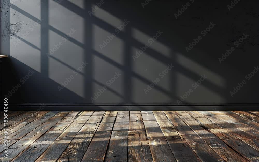 Poster a room with a large window and wooden floors. the room is empty and has a very simple and minimalist