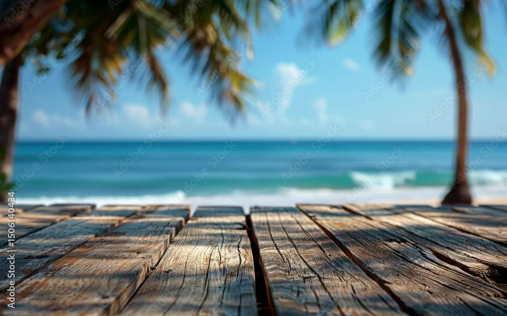 Poster a wooden table with a view of the ocean and palm trees. the table is empty and the ocean is calm