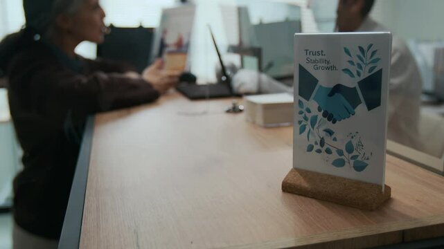 Close-up shot of promotional card in acrylic holder on wooden reception desk in bank office, where customer and bank teller talking