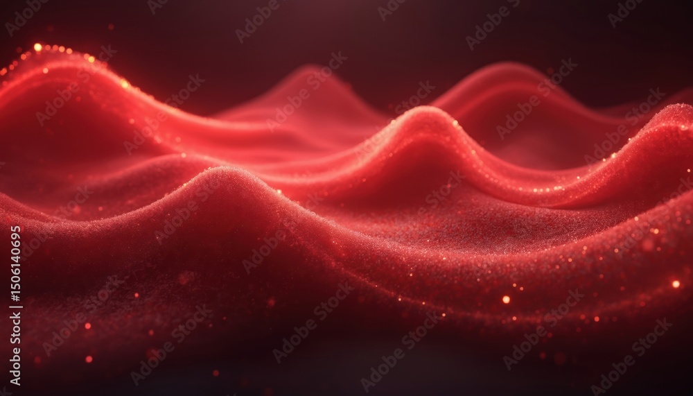 Poster abstract digital red waves shimmer against dark background. dynamic fluid visual effect suggests mot