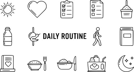 Daily routine icons set: linear style sun, heart, checklist, bottle, book, walking, meal, moon