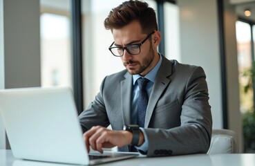 Fototapeta premium Attractive young businessman in suit checks time on watch working on laptop in modern office. Stylish male entrepreneur focused on online project. Pro office work lifestyle concept.