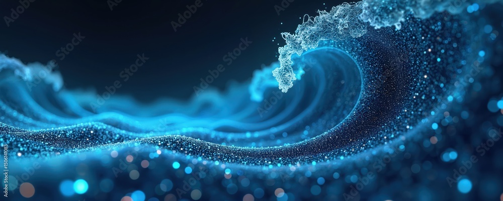 Poster Abstract data stream wave of light particles. Cyberpunk futuristic digital wave. Tech wave of information flows in cyberspace, visualizes data streams. Artificial intelligence.